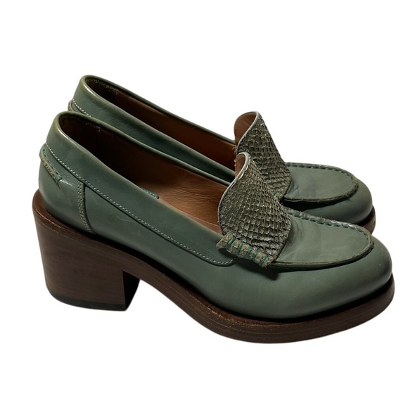 Paul Smith Green Leather Loafers Block Heel Made‎ in Italy Women's Size 37